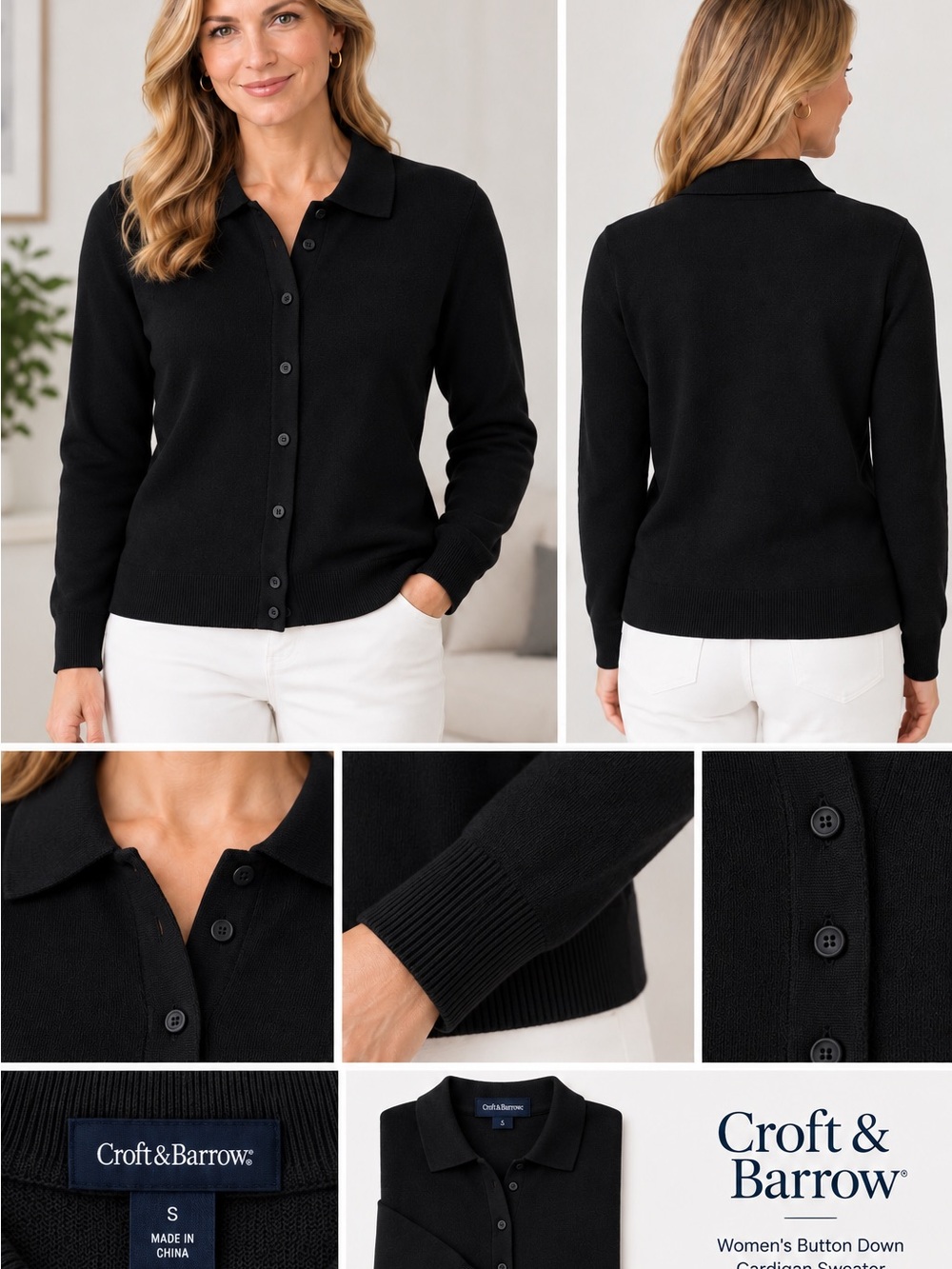 Croft & Barrow Women's Black Button-Down Collared Sweater Small